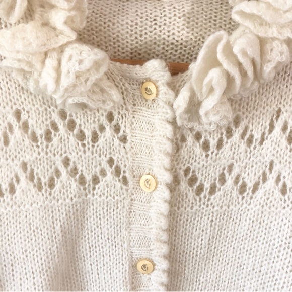 Vtg Puff Sleeve Pockets Ruffle Cut Work Knit Granny Grandma Cardigan Sweater S/M - Picture 6 of 17